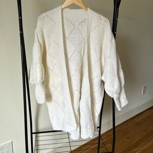 Handmade Granny Square Long line Open front Balloon Sleeve Cardigan Tunic Ivory
